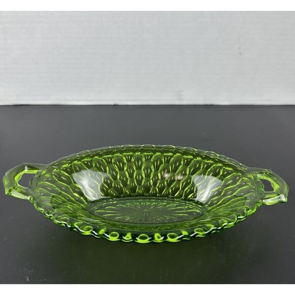 Vintage 1960s Indiana Glass Green Honeycomb Relish/Pickle Handled Dish 8.25" - Picture 1 of 6